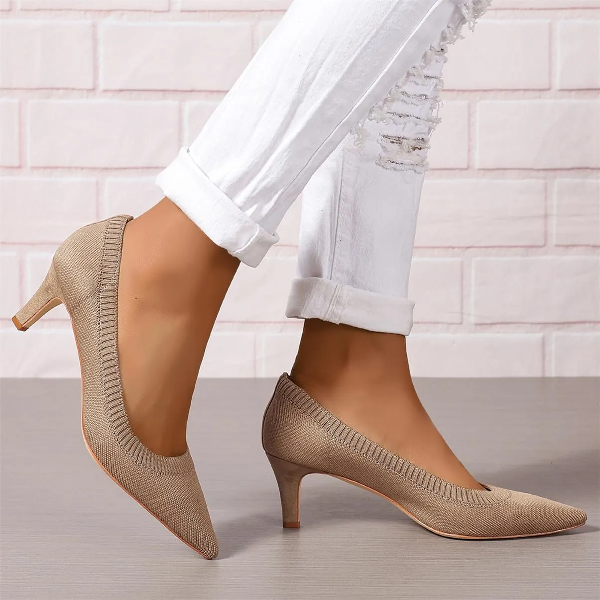 Women's Pumps Kitten Heel Pump Shoes Pointed Toe Knit Comfortable Dress Shoes for Work Business Casual Party Dressy, US Size 4-11