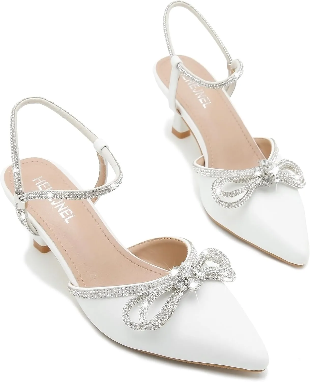 Womens Rhinestone Bow Heels, Slingback Low Kitten Heel Pumps Sparkly Closed Pointed Toe Ankle Strap Formal Evening Wedding Dress Party Shoes