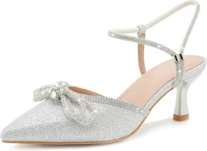 Women's Rhinstone Wedding Low Heel Slingback Kitten Heels, Adjustable Strap Pointed Toe Bow Pumps Prom Dress Shoes