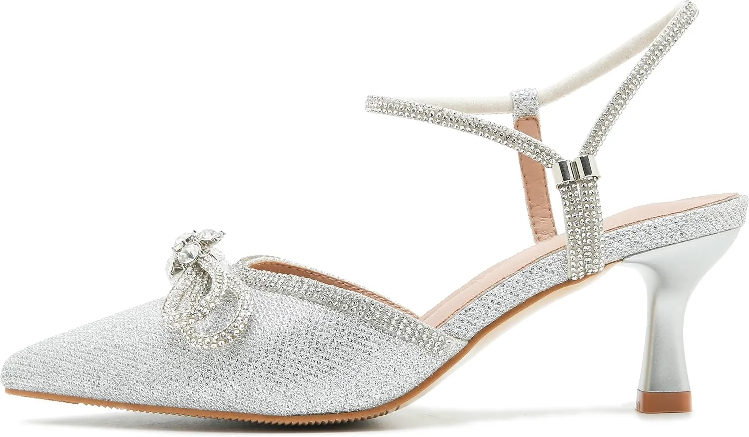 Women's Rhinstone Wedding Low Heel Slingback Kitten Heels, Adjustable Strap Pointed Toe Bow Pumps Prom Dress Shoes