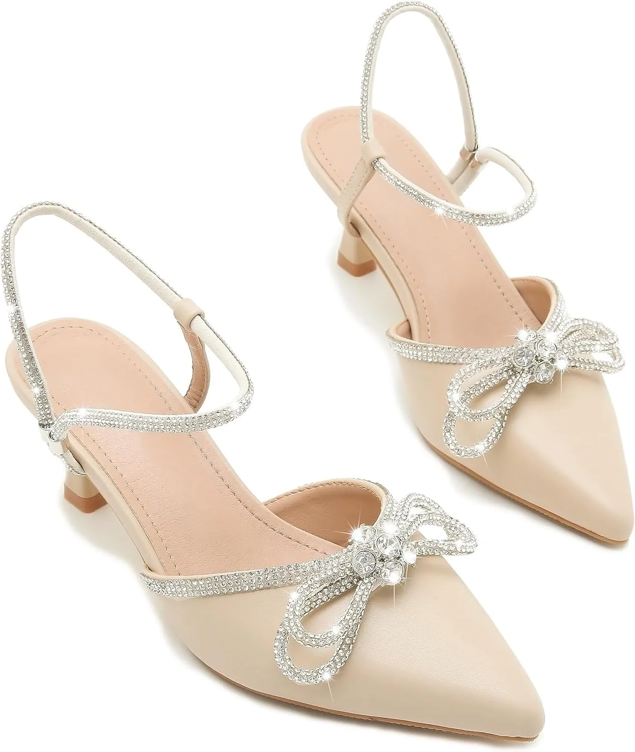 Women's Rhinstone Wedding Low Heel Slingback Kitten Heels, Adjustable Strap Pointed Toe Bow Pumps Prom Dress Shoes