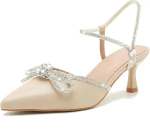 Women's Rhinstone Wedding Low Heel Slingback Kitten Heels, Adjustable Strap Pointed Toe Bow Pumps Prom Dress Shoes