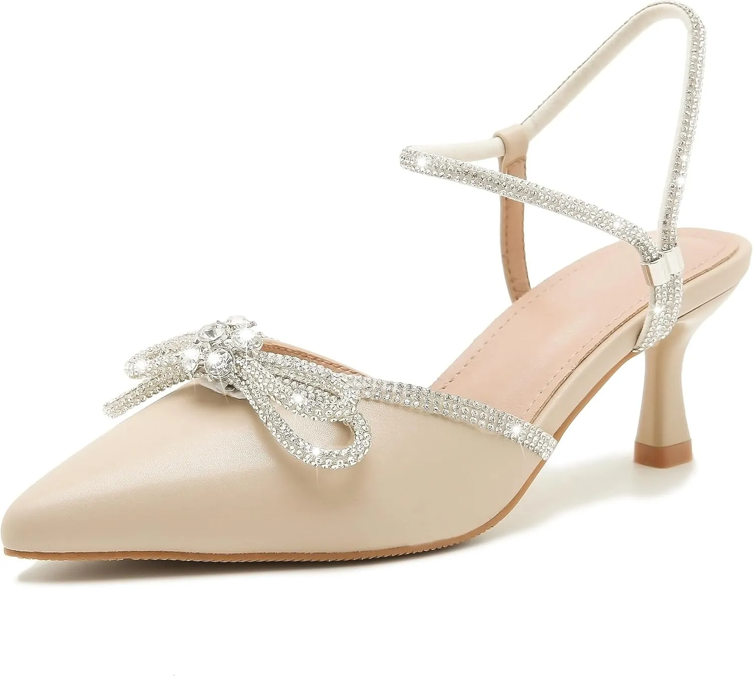 Women's Rhinstone Wedding Low Heel Slingback Kitten Heels, Adjustable Strap Pointed Toe Bow Pumps Prom Dress Shoes
