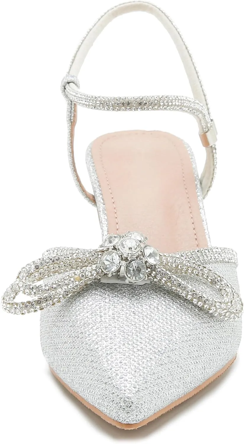Women's Rhinstone Wedding Low Heel Slingback Kitten Heels, Adjustable Strap Pointed Toe Bow Pumps Prom Dress Shoes