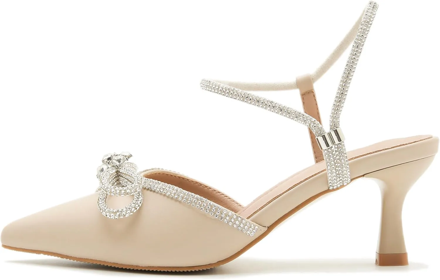Women's Rhinstone Wedding Low Heel Slingback Kitten Heels, Adjustable Strap Pointed Toe Bow Pumps Prom Dress Shoes