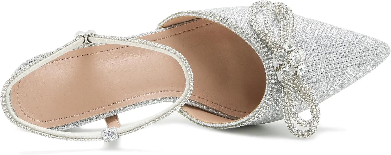 Women's Rhinstone Wedding Low Heel Slingback Kitten Heels, Adjustable Strap Pointed Toe Bow Pumps Prom Dress Shoes