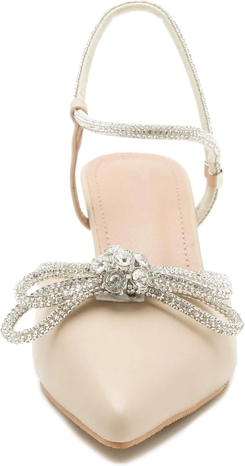 Women's Rhinstone Wedding Low Heel Slingback Kitten Heels, Adjustable Strap Pointed Toe Bow Pumps Prom Dress Shoes