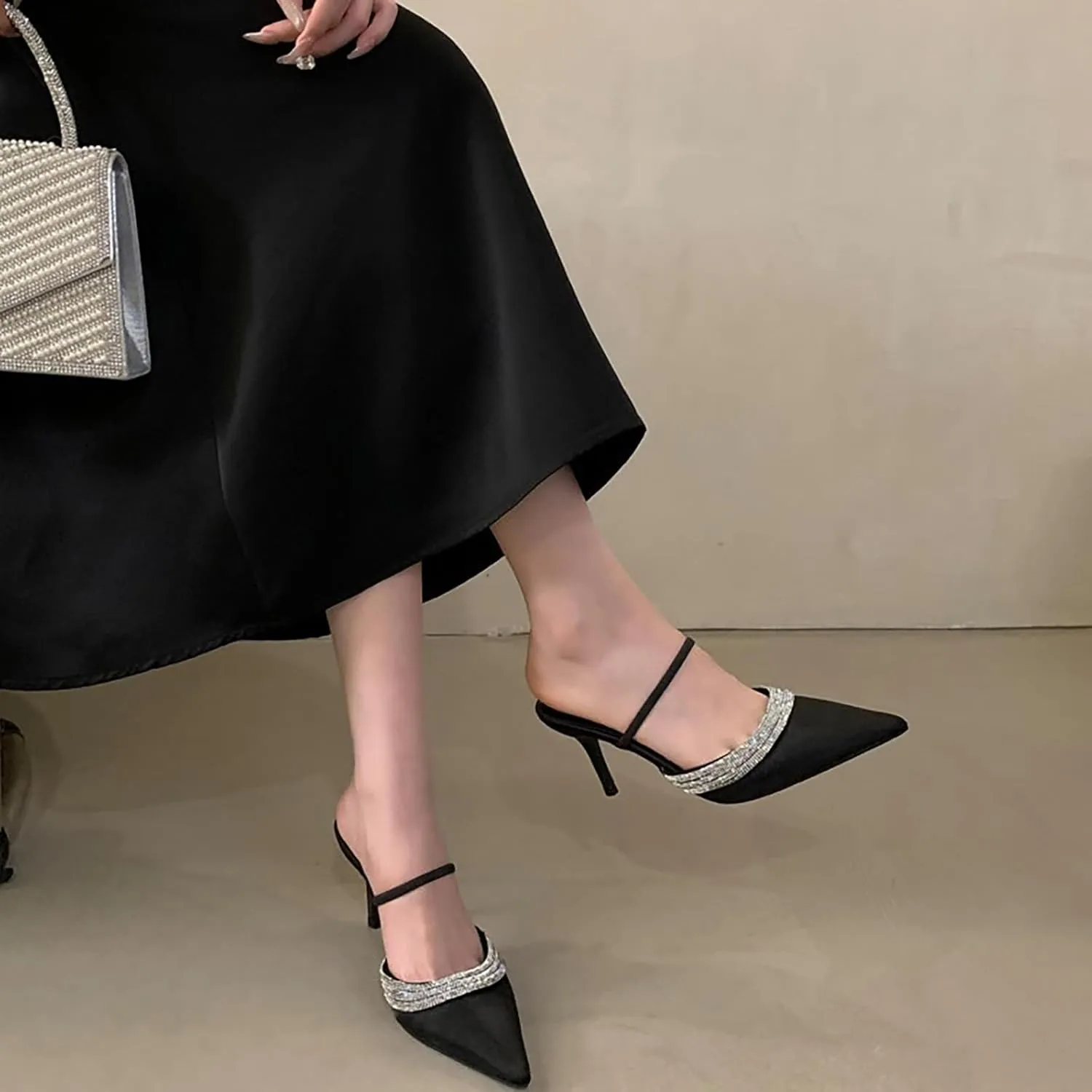 Women's Satin Rhinestone Pointed Toe Stiletto Mules Fashion Slip On Closed Toe Sexy High Heel Backless Dress Sandals for Bridal Wedding Party