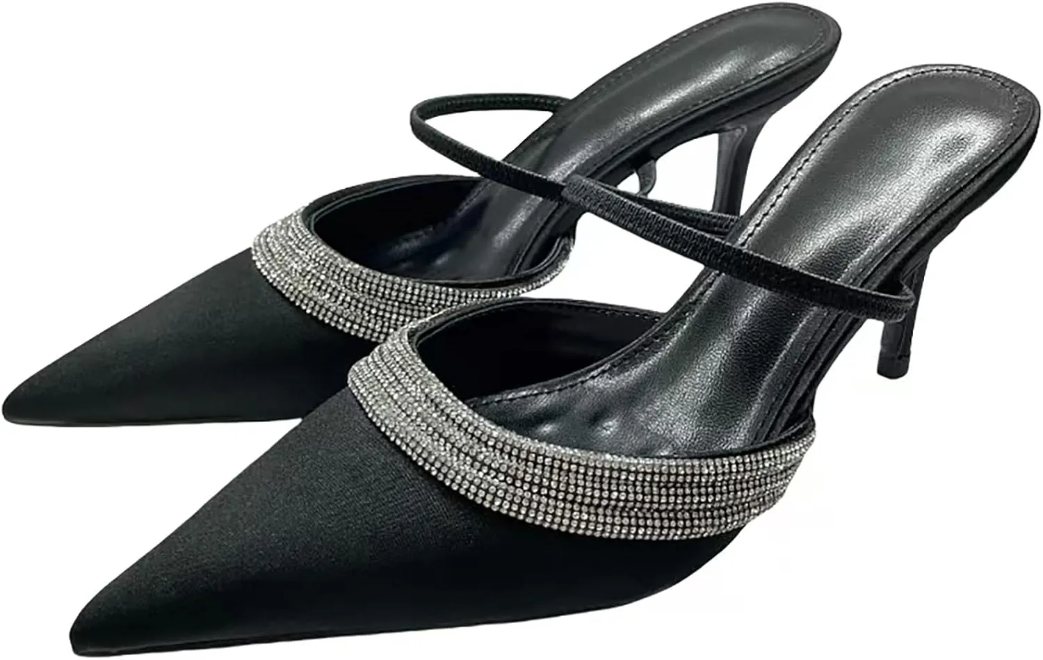 Women's Satin Rhinestone Pointed Toe Stiletto Mules Fashion Slip On Closed Toe Sexy High Heel Backless Dress Sandals for Bridal Wedding Party