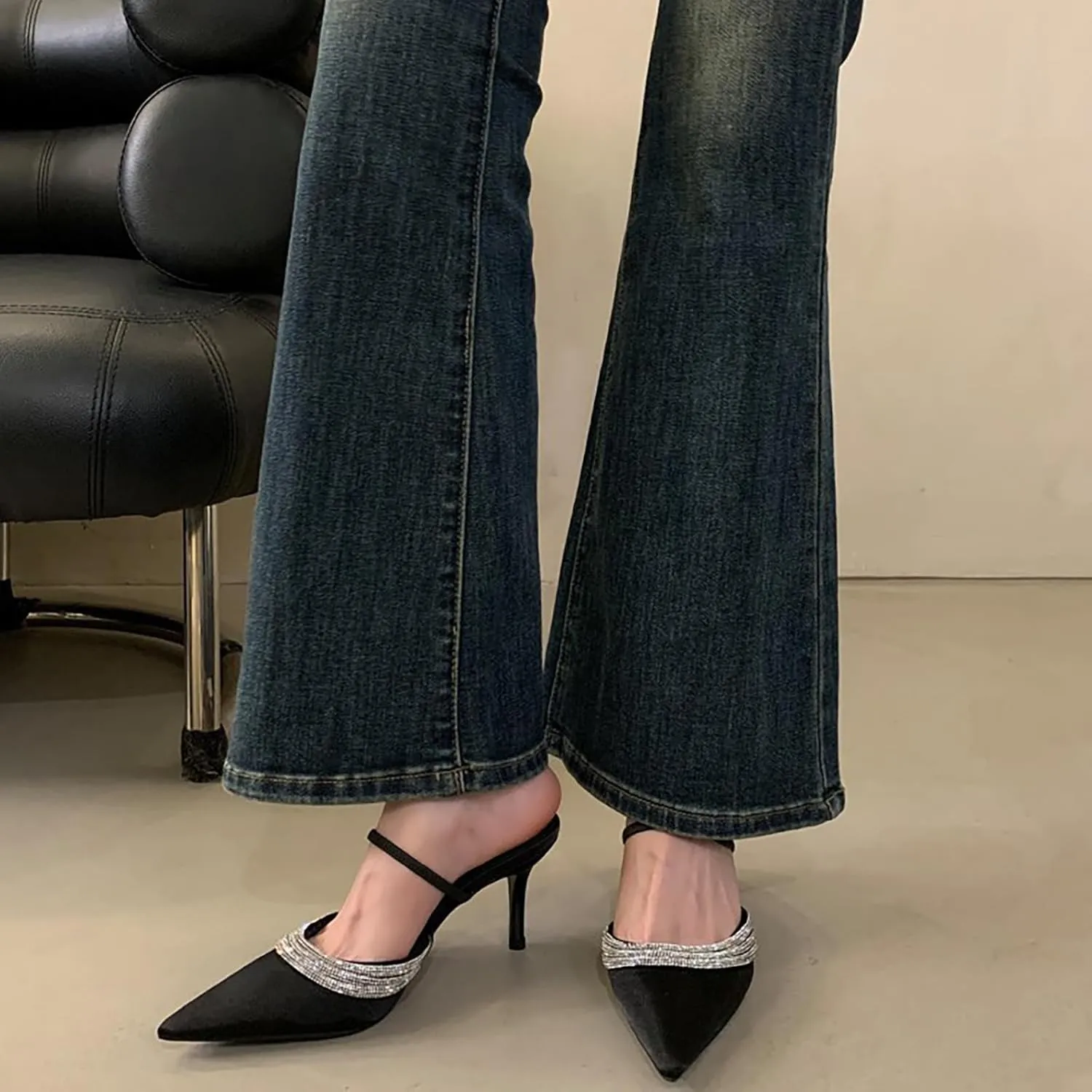 Women's Satin Rhinestone Pointed Toe Stiletto Mules Fashion Slip On Closed Toe Sexy High Heel Backless Dress Sandals for Bridal Wedding Party
