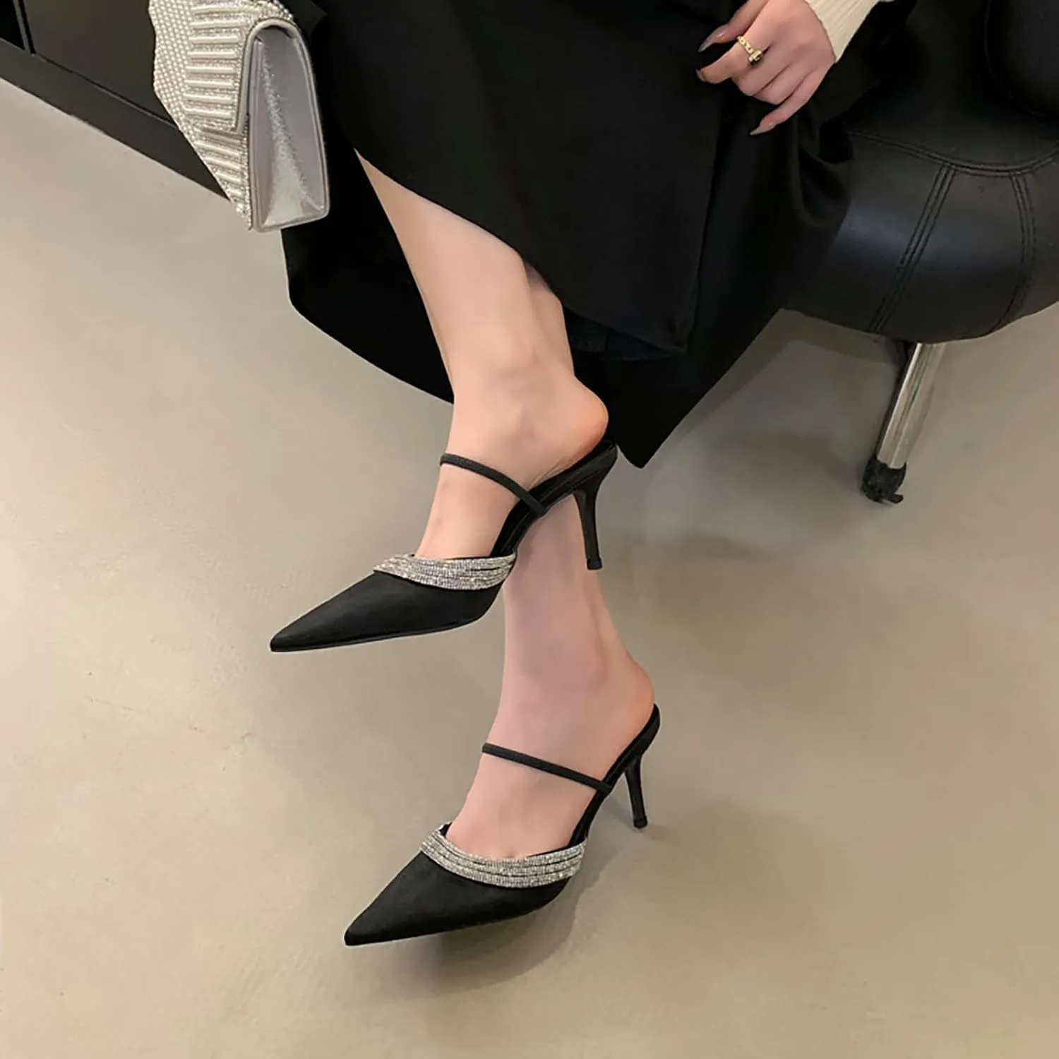 Women's Satin Rhinestone Pointed Toe Stiletto Mules Fashion Slip On Closed Toe Sexy High Heel Backless Dress Sandals for Bridal Wedding Party