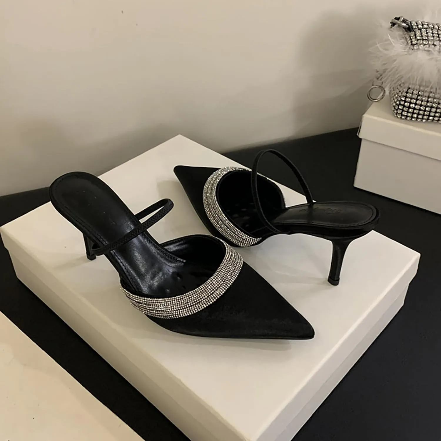 Women's Satin Rhinestone Pointed Toe Stiletto Mules Fashion Slip On Closed Toe Sexy High Heel Backless Dress Sandals for Bridal Wedding Party