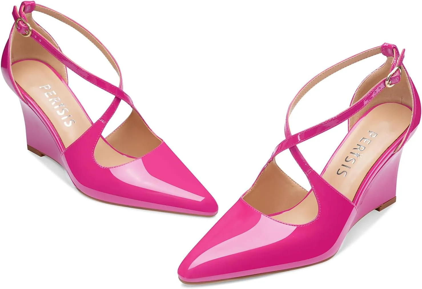 Women's Sexy Wedge Heels Pointed Close Toed Patent Leather Pumps Cross Strappy Wedges Pointy Pump Ankle Strap Buckle Comfortable Wedding Dressy Shoes