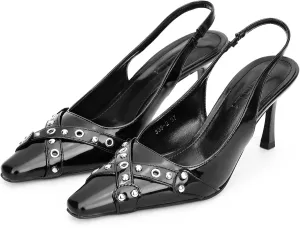 Women's Slingback Kitten Heels Black Pointed Toe Heels Eyelet Stilettos Comfortable Dress Pump Shoes Sexy Slingback Heels for Women 2.75 Inches Heels