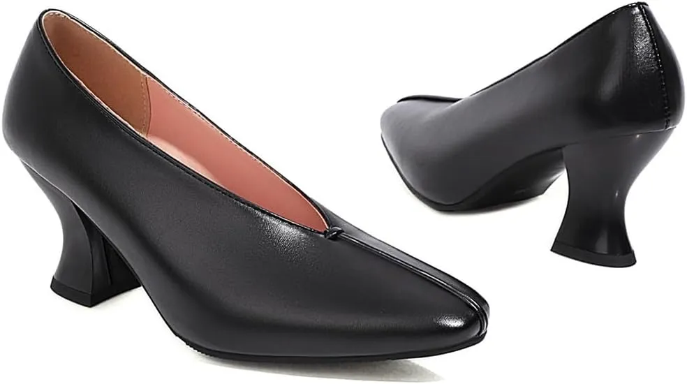 Women's Slip On Kitten Heels Pumps Shoes Comfortable Square Toe Work Office High Heeled Dress Shoe