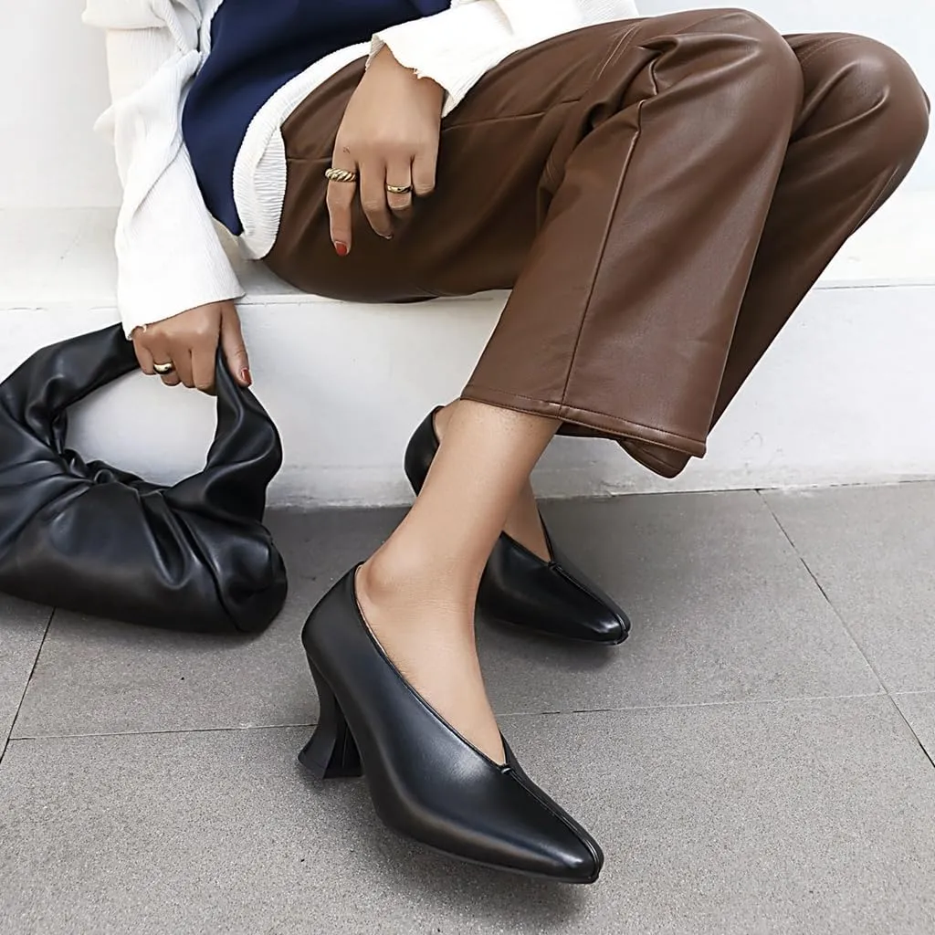 Women's Slip On Kitten Heels Pumps Shoes Comfortable Square Toe Work Office High Heeled Dress Shoe