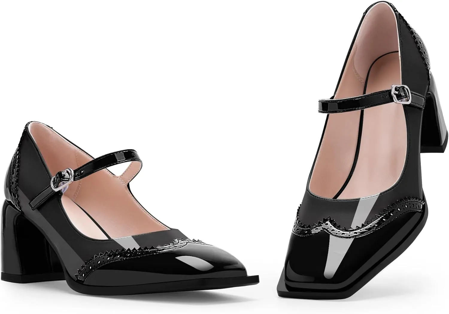 Women's Square Toe Chunky Heel Mary Janes Buckle Strap Wingtip Oxford Pumps Dress Shoes
