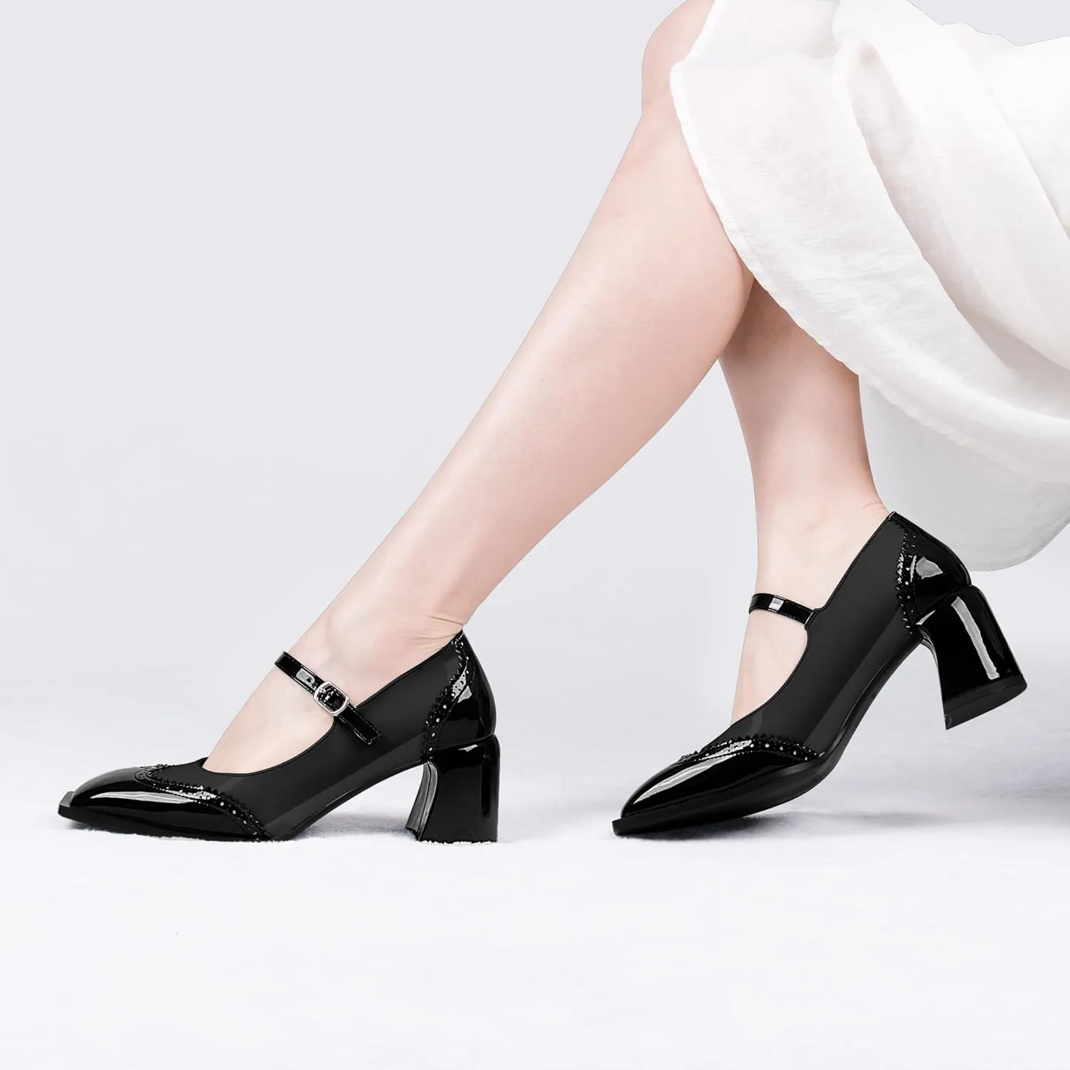 Women's Square Toe Chunky Heel Mary Janes Buckle Strap Wingtip Oxford Pumps Dress Shoes