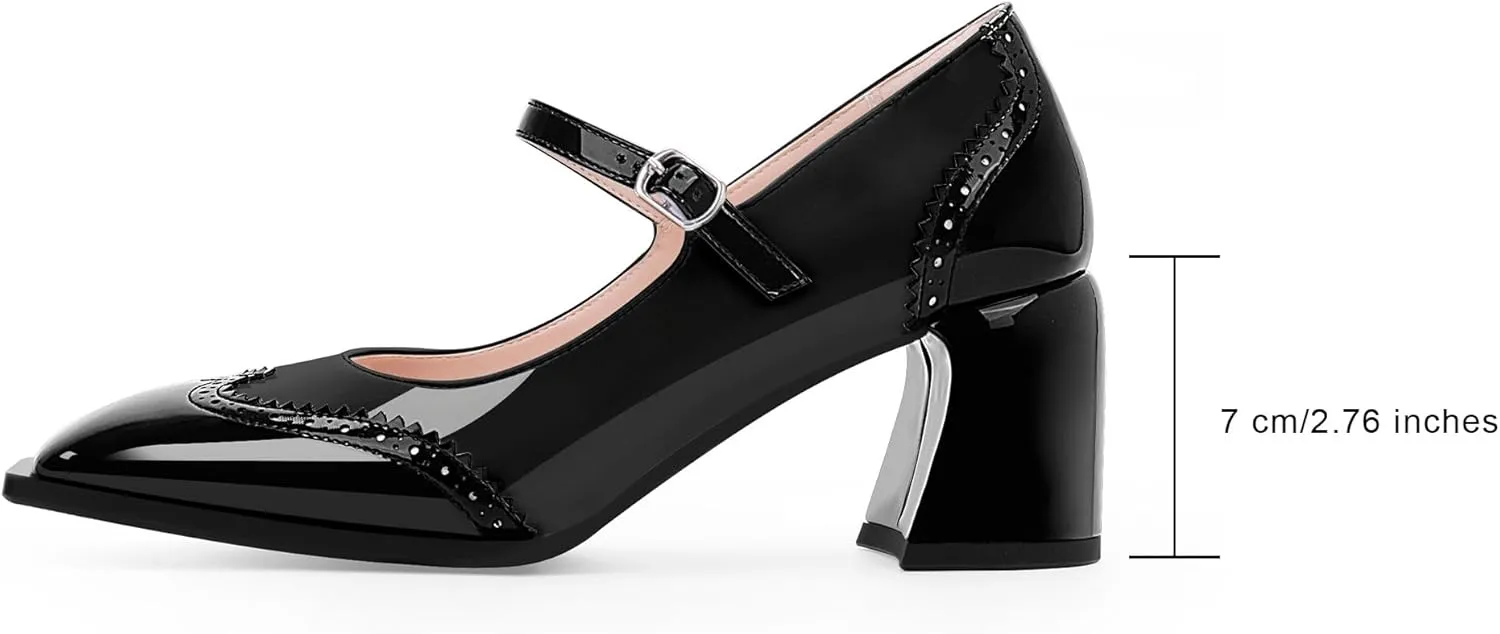 Women's Square Toe Chunky Heel Mary Janes Buckle Strap Wingtip Oxford Pumps Dress Shoes