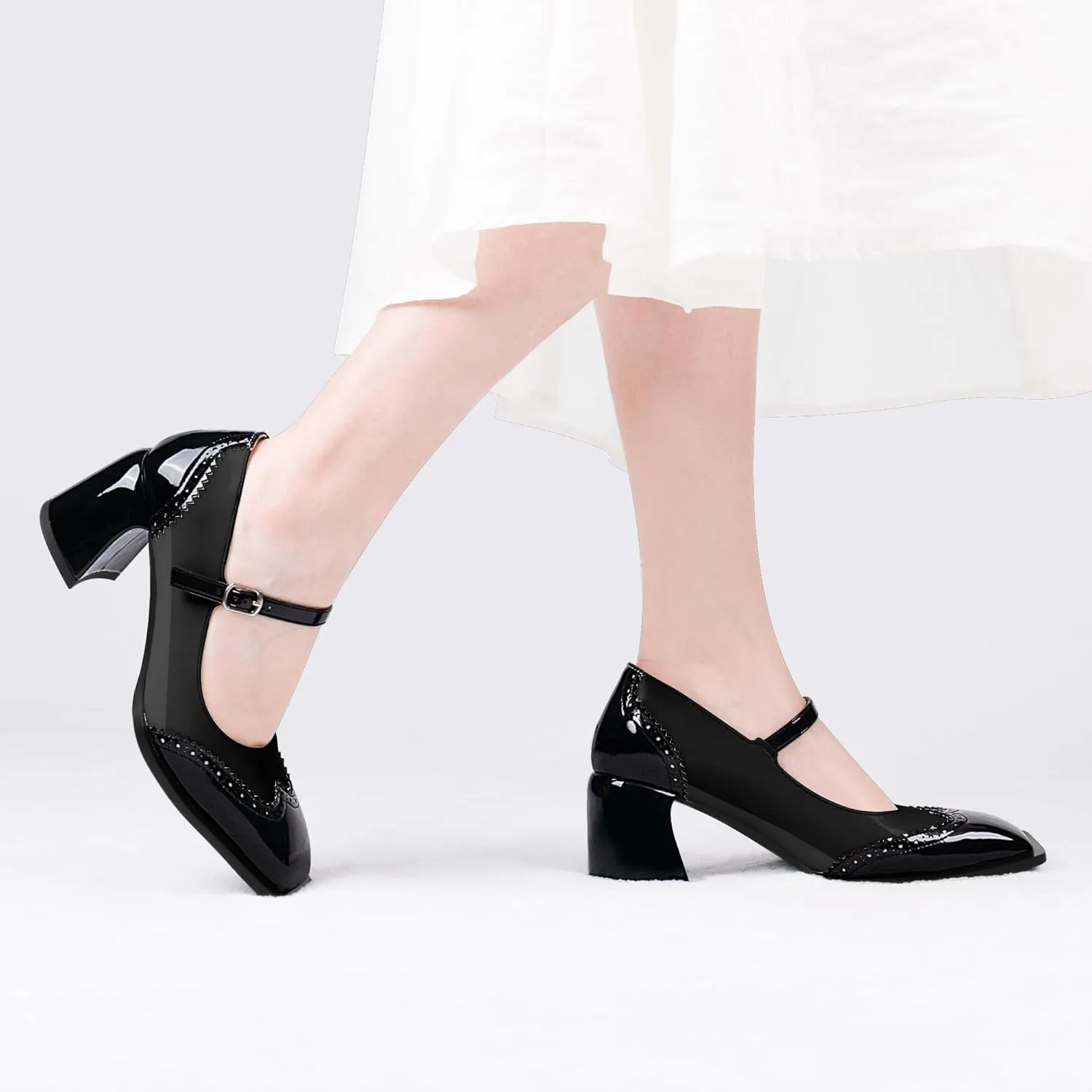 Women's Square Toe Chunky Heel Mary Janes Buckle Strap Wingtip Oxford Pumps Dress Shoes