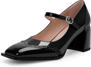 Women's Square Toe Chunky Heel Mary Janes Buckle Strap Wingtip Oxford Pumps Dress Shoes