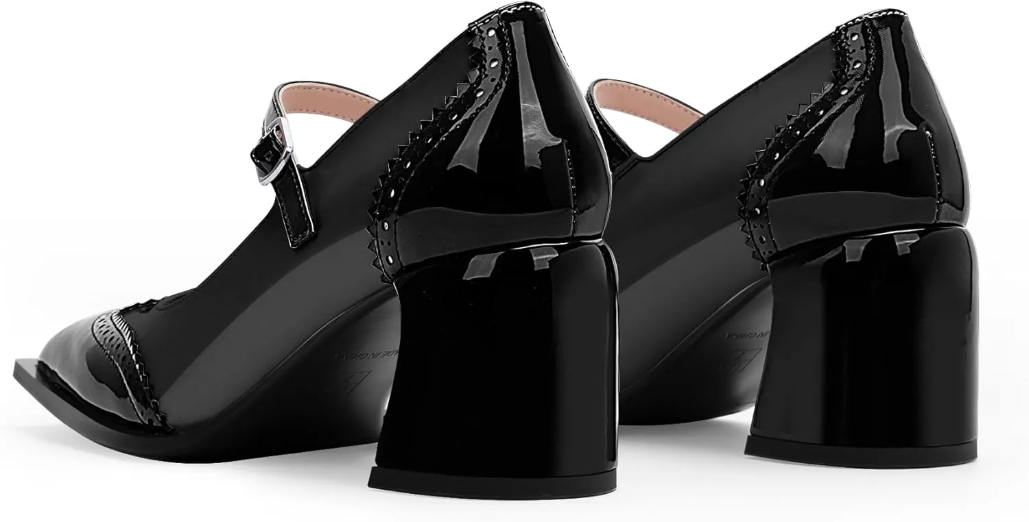Women's Square Toe Chunky Heel Mary Janes Buckle Strap Wingtip Oxford Pumps Dress Shoes