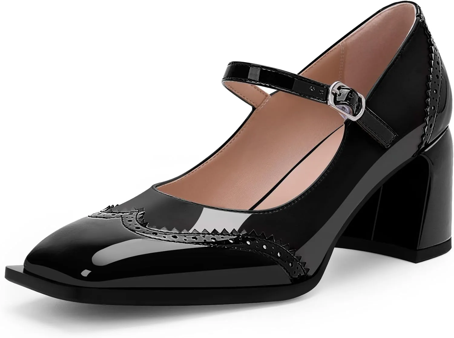 Women's Square Toe Chunky Heel Mary Janes Buckle Strap Wingtip Oxford Pumps Dress Shoes