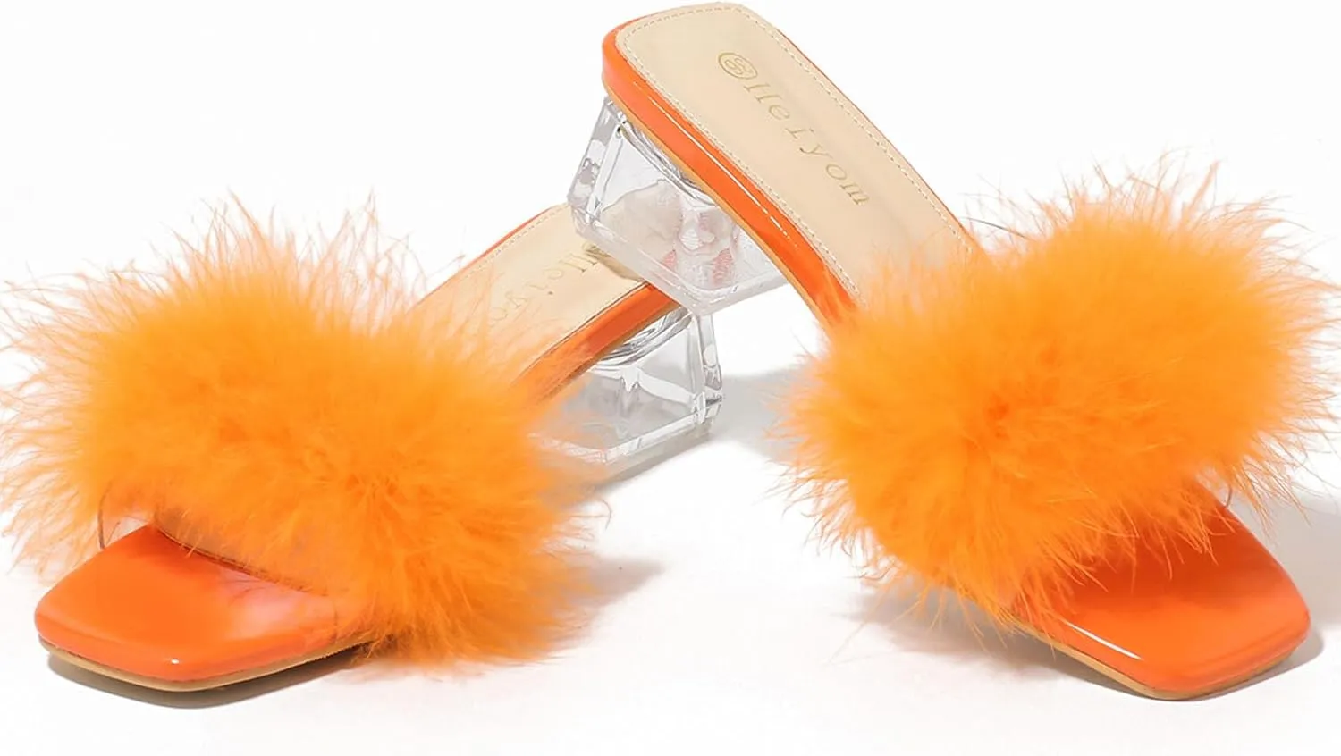 Women's Square Toe Heeled Sandals Low Block Chunky Heels Clear Mules Fluffy Feather Slip on Wedding Bridal Party Dress Shoes