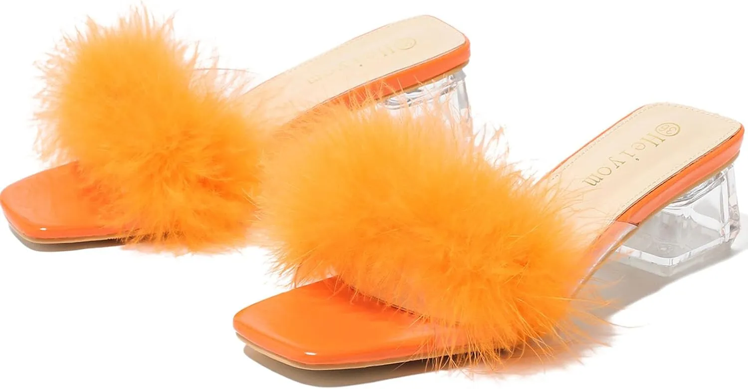 Women's Square Toe Heeled Sandals Low Block Chunky Heels Clear Mules Fluffy Feather Slip on Wedding Bridal Party Dress Shoes