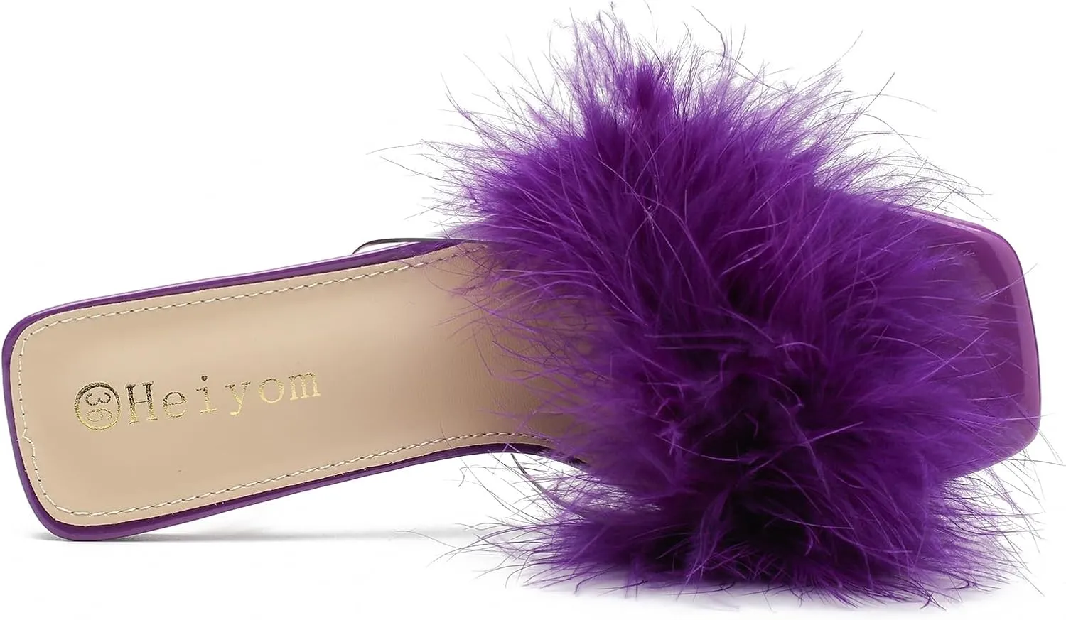 Women's Square Toe Heeled Sandals Low Block Chunky Heels Clear Mules Fluffy Feather Slip on Wedding Bridal Party Dress Shoes