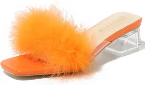 Women's Square Toe Heeled Sandals Low Block Chunky Heels Clear Mules Fluffy Feather Slip on Wedding Bridal Party Dress Shoes