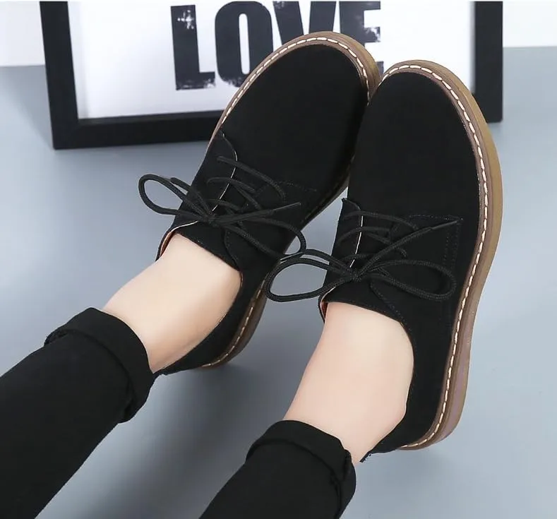 Women's Suede Oxford Loafers, Comfortable Lace-Up Casual Round Toe Shoes Business Work Walking
