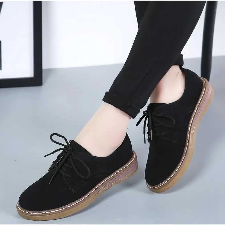Women's Suede Oxford Loafers, Comfortable Lace-Up Casual Round Toe Shoes Business Work Walking