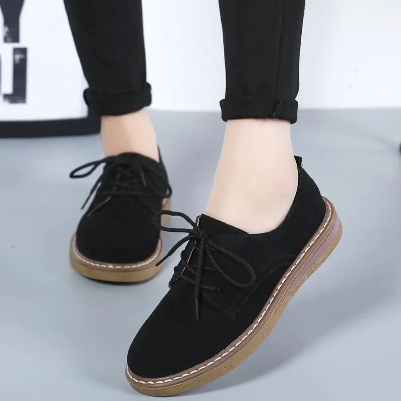 Women's Suede Oxford Loafers, Comfortable Lace-Up Casual Round Toe Shoes Business Work Walking