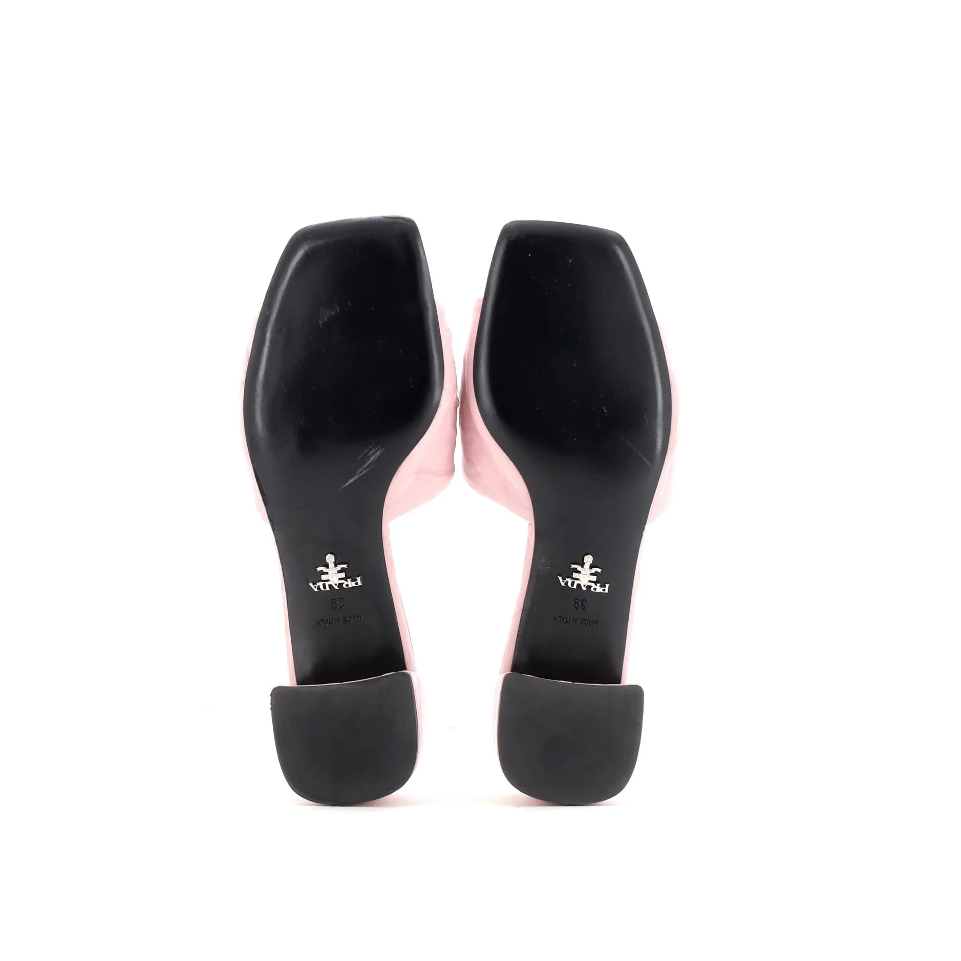 Women's Triangle Logo Heeled Mule Sandals Crinkled Leather