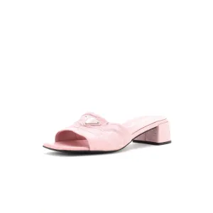 Women's Triangle Logo Heeled Mule Sandals Crinkled Leather