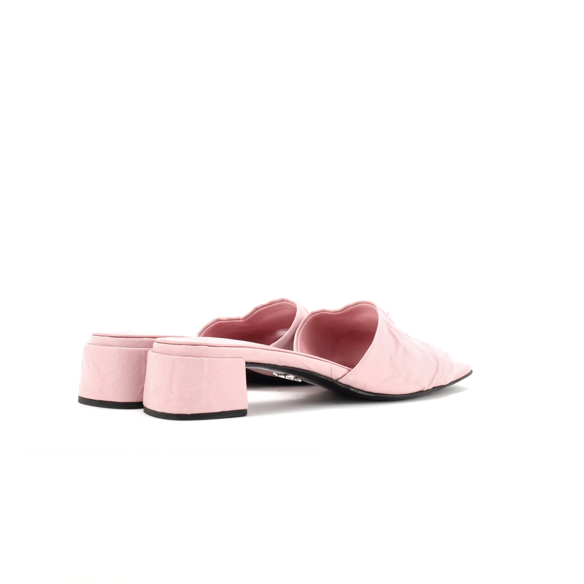 Women's Triangle Logo Heeled Mule Sandals Crinkled Leather