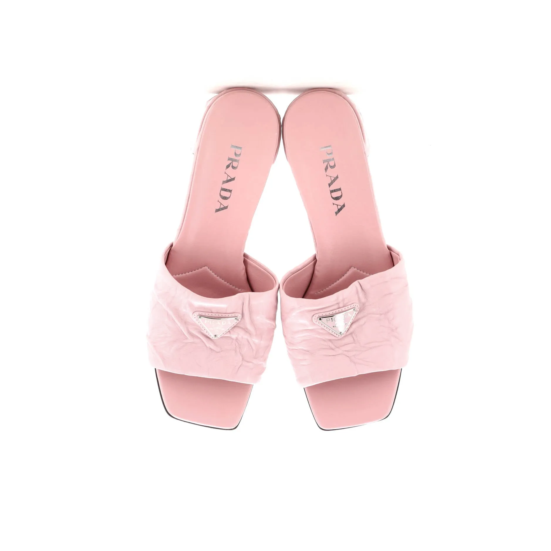 Women's Triangle Logo Heeled Mule Sandals Crinkled Leather