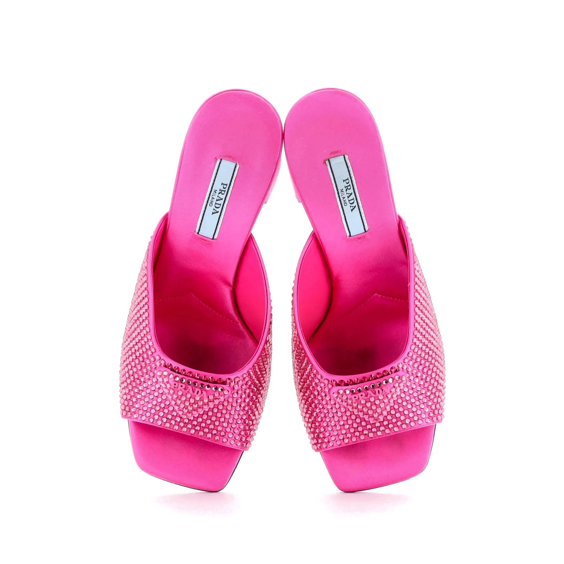 Women's Triangle Logo Heeled Mule Sandals Crystal Embellished Satin