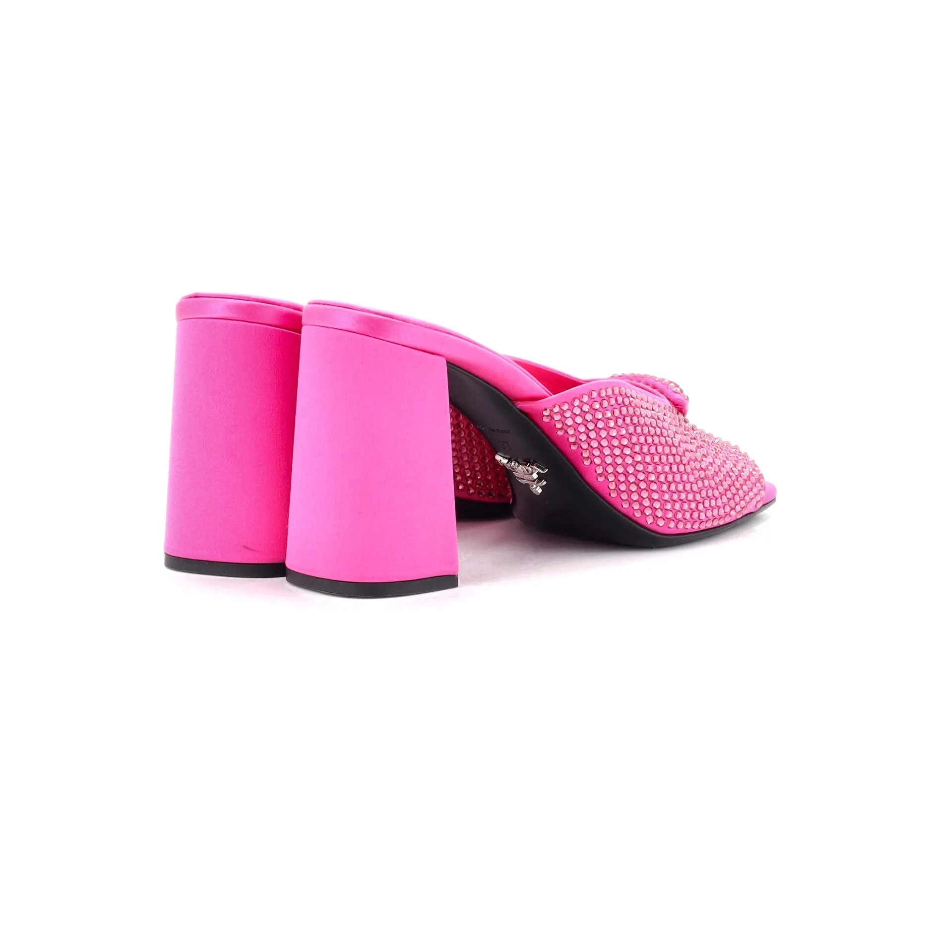 Women's Triangle Logo Heeled Mule Sandals Crystal Embellished Satin