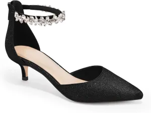 Women's Wedding Rhinestones Low Kitten Heels Pumps Pointed Toe Dress Evening Shoes for Women Bridal Bride
