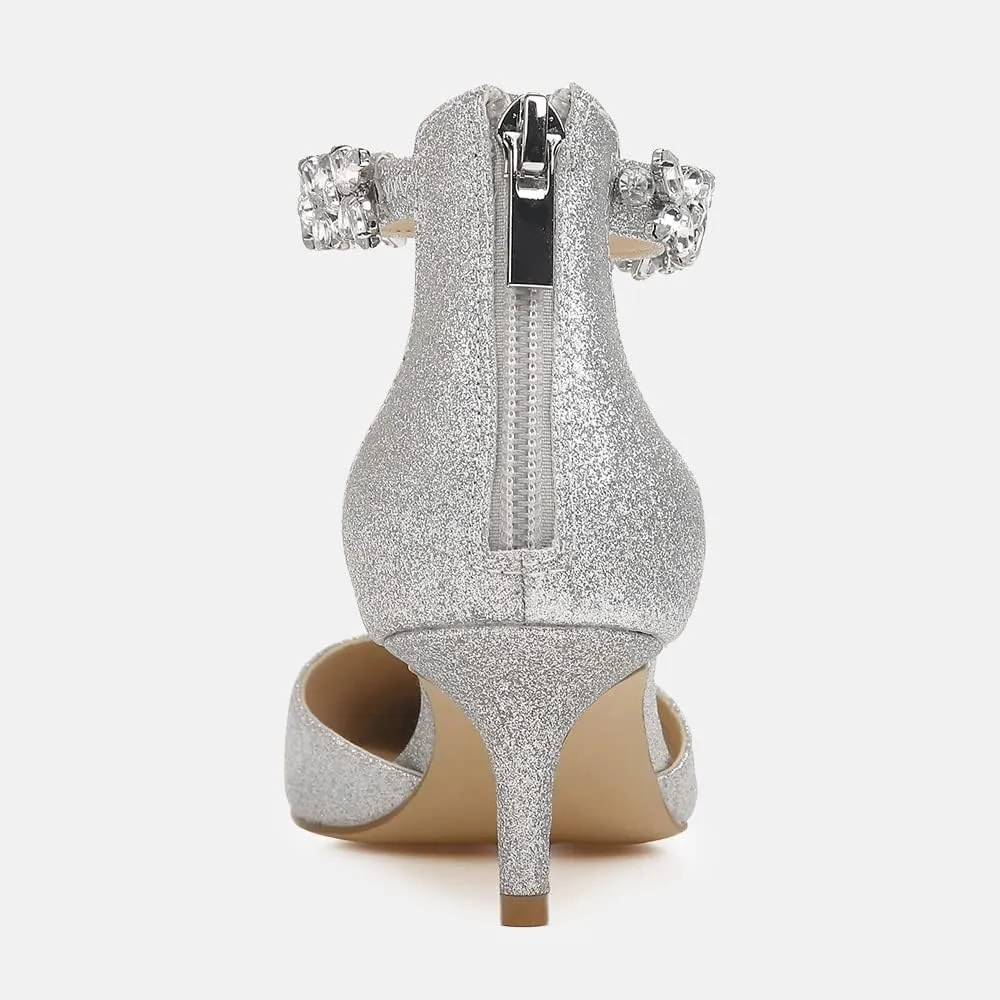 Women's Wedding Rhinestones Low Kitten Heels Pumps Pointed Toe Dress Evening Shoes for Women Bridal Bride