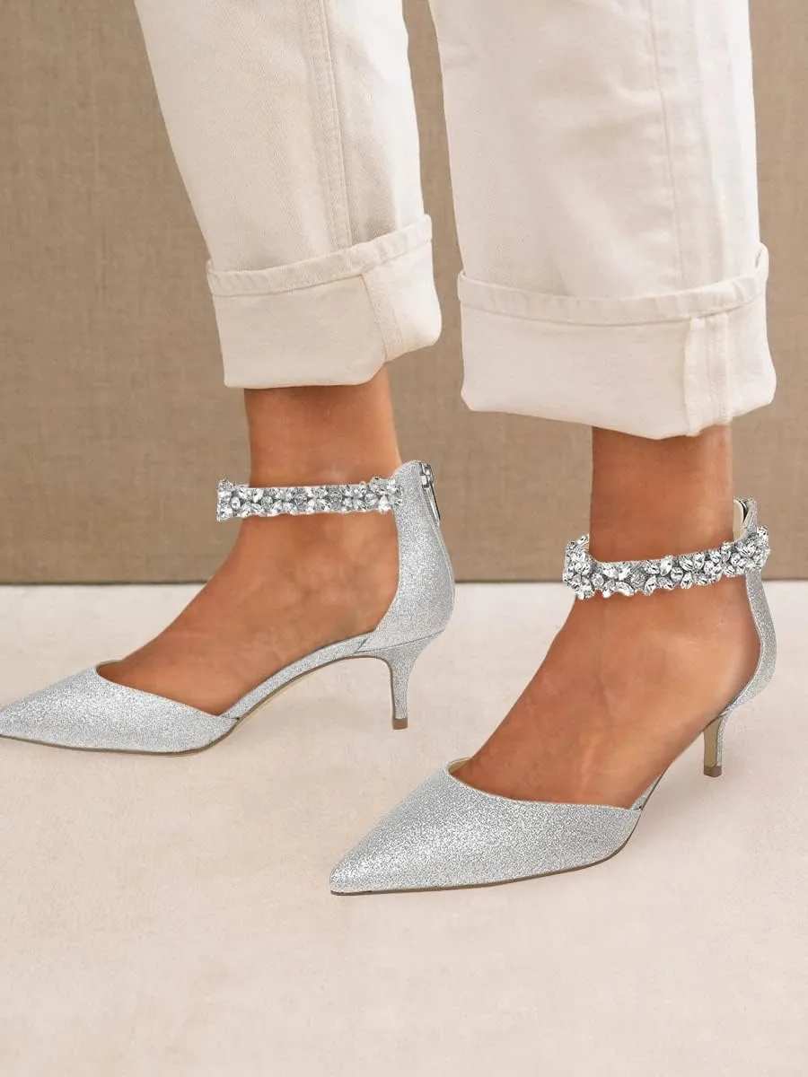 Women's Wedding Rhinestones Low Kitten Heels Pumps Pointed Toe Dress Evening Shoes for Women Bridal Bride