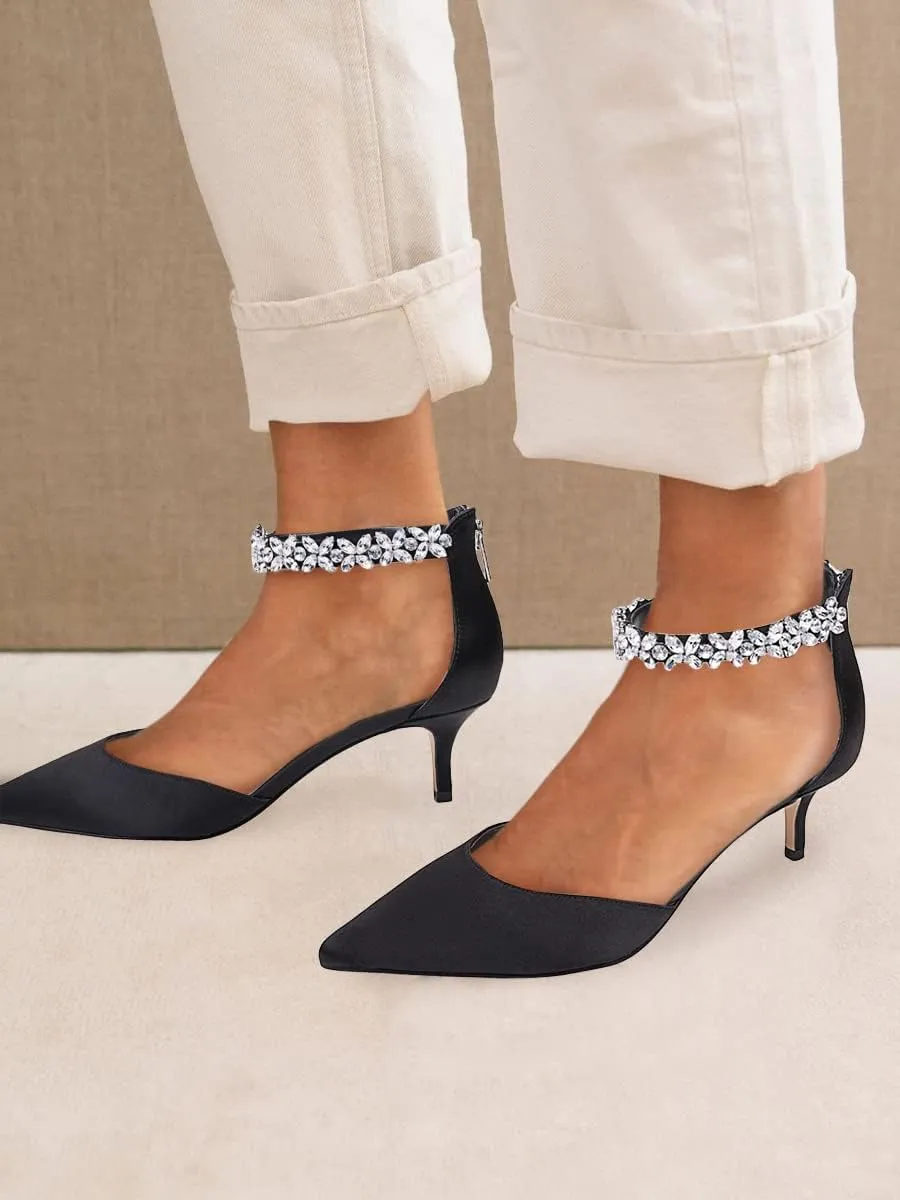 Women's Wedding Rhinestones Low Kitten Heels Pumps Pointed Toe Dress Evening Shoes for Women Bridal Bride