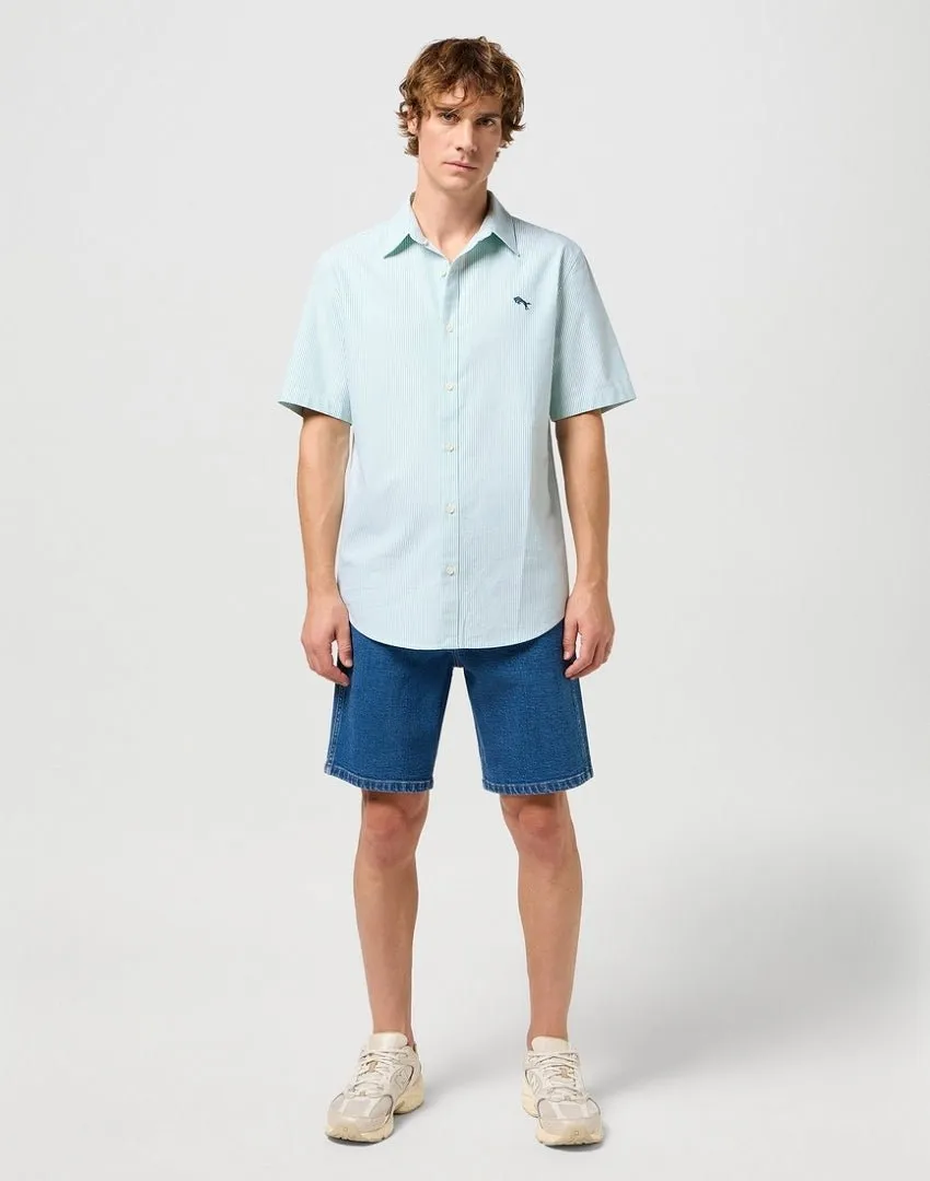 Wrangler Men's Short Sleeve Shirt In Green Stripe Oxford