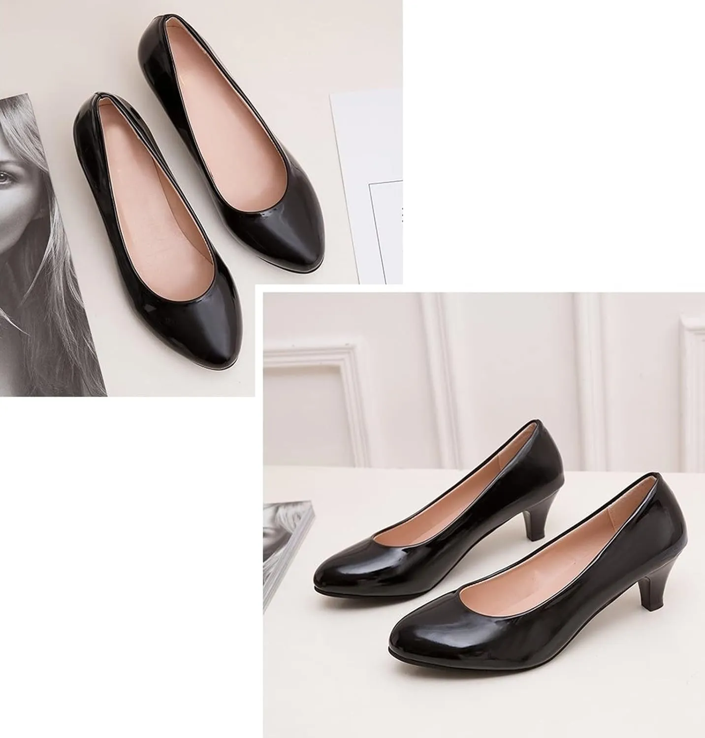 WUIWUIYU Womens Office Kitten Heels Pumps Slip On Evening Dress Work Cute Sexy Pump Shoes