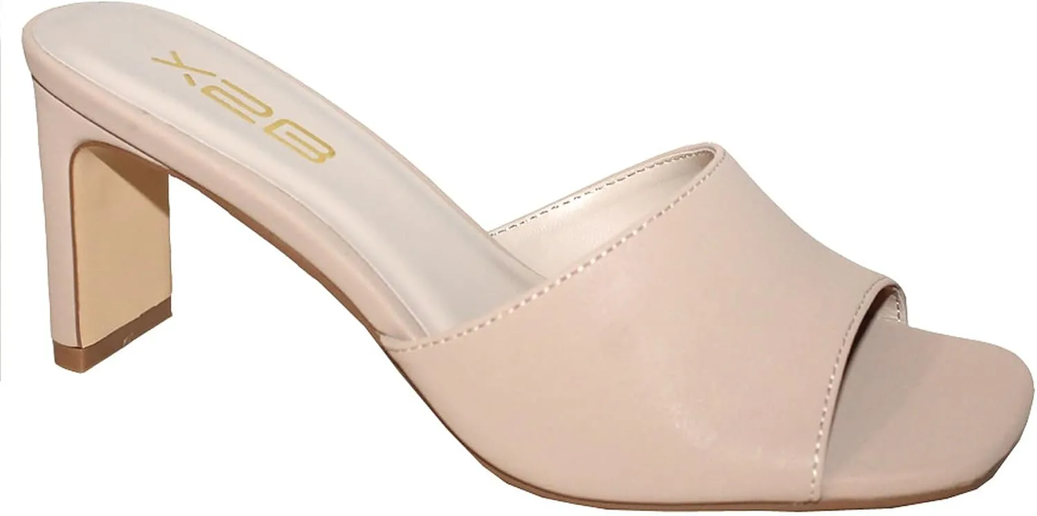 X2B Womens Chunky Heel Sandals Open Square Toe Mule Heel Sandal Slip On High Heels Shoes