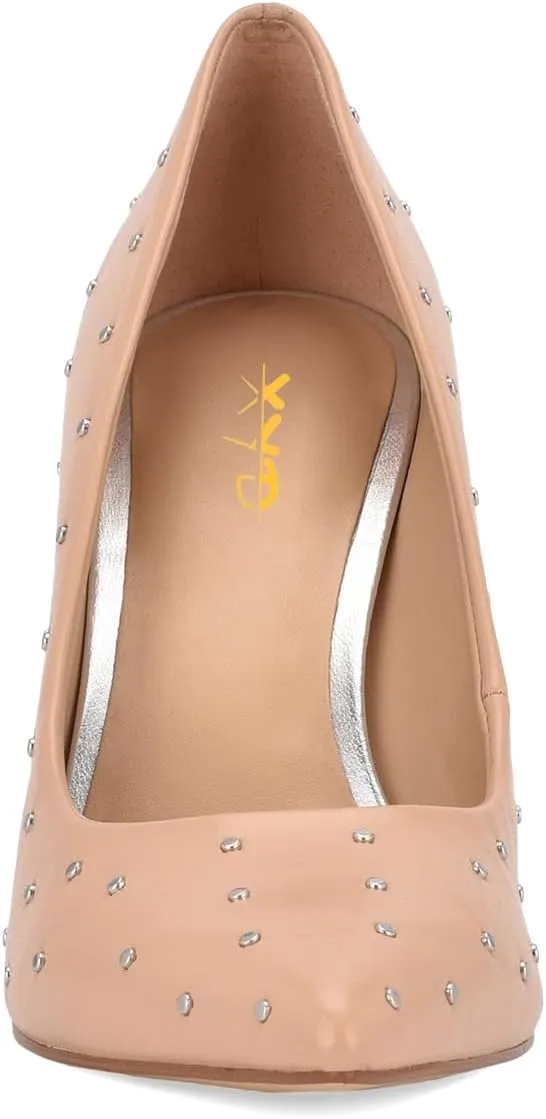 XYD Women's Chic Studs Pointed Closed Toe Slip On Pumps Block High Heels Formal Event Evening Dress Shoes