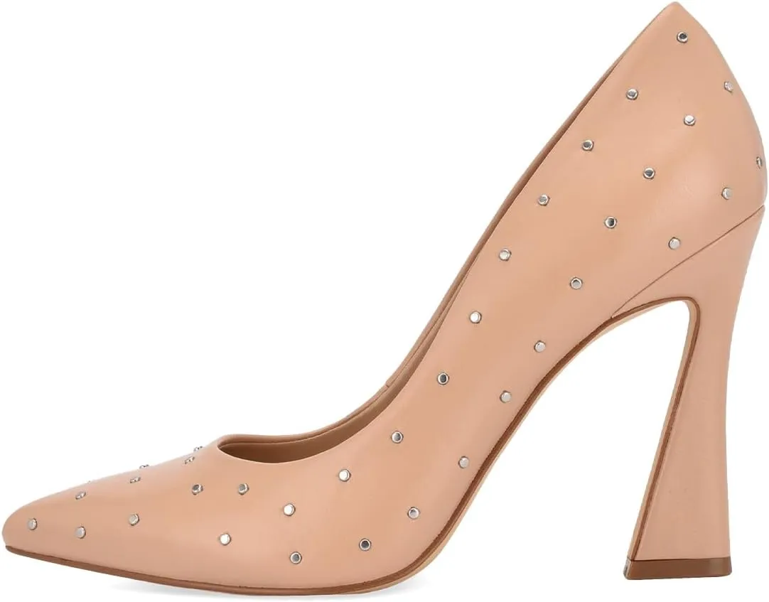 XYD Women's Chic Studs Pointed Closed Toe Slip On Pumps Block High Heels Formal Event Evening Dress Shoes