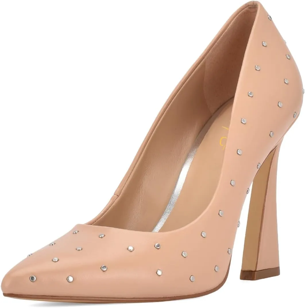 XYD Women's Chic Studs Pointed Closed Toe Slip On Pumps Block High Heels Formal Event Evening Dress Shoes